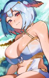 Rule 34 | 1girl, :3, areola slip, blue hair, breasts, cleavage, closed mouth, gold trim, head wings, highres, indie virtual youtuber, large breasts, light smile, looking at viewer, multicolored hair, navel, red eyes, roropull, short hair, solo, suzume gio, virtual youtuber, wings