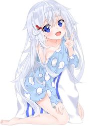 Rule 34 | 1girl, :d, bare shoulders, barefoot, blue eyes, blue shirt, blush, breasts, collarbone, commentary request, full body, hair between eyes, hair flaps, hair ornament, hairclip, hand on leg, hashiko nowoto, highres, kneehighs, long hair, long sleeves, looking at viewer, off shoulder, open mouth, original, pajamas, pillow, print pajamas, print shirt, shirt, silver hair, simple background, small breasts, smile, socks, solo, tareme, v, very long hair, white background