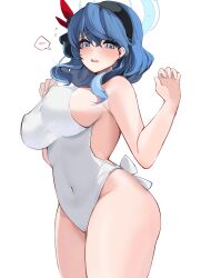 Rule 34 | 1girl, absurdres, ako (blue archive), aqua halo, black hairband, blue archive, blue eyes, blue hair, blue halo, breasts, cowboy shot, crescent halo, flying sweatdrops, hair between eyes, hairband, halo, highres, large breasts, leotard, long hair, mindoll, open mouth, sideboob, simple background, solo, spoken blush, white background, white leotard