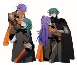 Rule 34 | 2boys, 2girls, assertive female, byleth (female) (fire emblem), byleth (fire emblem), byleth (male) (fire emblem), cape, capelet, covering face, embarrassed, fire emblem, fire emblem: three houses, fire emblem warriors, fire emblem warriors: three hopes, green hair, hair bun, highres, lifting person, long hair, looking at another, medium hair, multiple boys, multiple girls, nintendo, oratoza, purple hair, shez (female) (fire emblem), shez (fire emblem), shez (male) (fire emblem), short hair