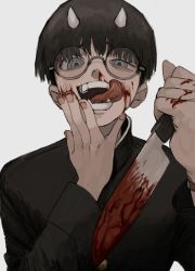 Rule 34 | 1boy, bad id, bad pixiv id, bandaid, bandaid on arm, black hair, blood, blood on face, blood on hands, bloody weapon, blue eyes, blush, brown hair, fangs, fingernails, gakudayo, glasses, grey-framed eyewear, grey background, highres, holding, holding knife, holding weapon, horns, knife, licking lips, looking at viewer, male focus, nosebleed, oni, open mouth, original, piercing, reverse grip, round eyewear, simple background, solo, tongue, tongue out, tongue piercing, weapon