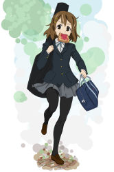 Rule 34 | 00s, 1girl, bag, black pantyhose, blazer, bob cut, bread slice, brown hair, female focus, food, food in mouth, full body, guitar case, hair ornament, hairclip, hirasawa yui, holding, holding bag, instrument case, jacket, k-on!, legs, loafers, miniskirt, mouth hold, pantyhose, pleated skirt, ribbon, school uniform, shoes, short hair, sidelocks, skirt, solo, standing, takahashi ren, toast, toast in mouth, walking