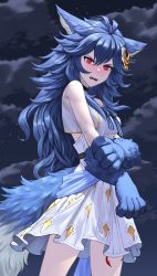 Rule 34 | 1girl, absurdres, ahoge, animal ears, animal hands, arm grab, blue hair, blue ribbon, breasts, choker, cloud, commentary, cowboy shot, crescent, crescent hair ornament, dress, fangs, fenrir (shingeki no bahamut), granblue fantasy, hair ornament, highres, light blush, long hair, looking at viewer, medium breasts, neck ribbon, night, night sky, open mouth, outdoors, red eyes, ribbon, shou illust, sky, solo, star (sky), tail, teeth, upper teeth only, white dress, wolf ears, wolf tail