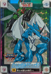 Rule 34 | 2boys, arthropod boy, bandai, card (medium), claws, clenched hand, digimon, digimon (creature), digimon adventure 02, dragon, expressionless, highres, horns, insect wings, logo, looking at viewer, multiple boys, official art, open mouth, orange eyes, pectorals, red eyes, scan, sharp teeth, spiked hair, stingmon, teeth, toei animation, wings, xv-mon