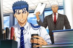 Rule 34 | 2boys, akujiki59, archer (fate), bespectacled, black coat, blue hair, blue necktie, can, coat, coffee, collared shirt, cu chulainn (fate), cu chulainn (fate/stay night), dark-skinned male, dark skin, earrings, fate/grand order, fate/stay night, fate (series), glasses, holding, jewelry, long hair, male focus, multiple boys, necktie, office, pen, pencil, ponytail, red eyes, red necktie, shirt, short hair, white hair, white shirt