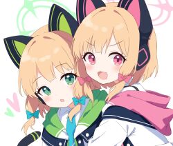 Rule 34 | 2girls, blonde hair, blue archive, blue bow, blue necktie, blush, bow, cat tail, collared shirt, green eyes, hair bow, heart, highres, jacket, looking at viewer, midori (blue archive), momoi (blue archive), multiple girls, necktie, open mouth, red bow, red eyes, shirt, short hair, siblings, simple background, sisters, smile, symbol-shaped pupils, tail, white background, white jacket, white shirt, yukisiannn