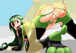 Rule 34 | 10s, 1boy, 1girl, all fours, anus, ass, asui tsuyu, autocunnilingus, bad id, bad pixiv id, black eyes, bodysuit, boku no hero academia, breasts, clothed sex, cum, cum in pussy, cunnilingus, doggystyle, elakan, frog girl, green hair, hair rings, hetero, highres, long hair, long tongue, masturbation, oral, sex, sex from behind, short hair, simple background, small breasts, tongue, tongue out, torn bodysuit, torn clothes, uichi-chi, uncensored, vaginal, very long tongue