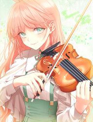 Rule 34 | bow (music), breasts, capelet, chimachi, choker, closed mouth, collared shirt, commission, dated, green eyes, green ribbon, green skirt, hands up, high-waist skirt, highres, holding, holding bow (music), holding instrument, holding violin, instrument, long hair, long sleeves, looking at viewer, music, orange hair, original, playing instrument, ribbon, ribbon choker, shirt, signature, skeb commission, skirt, small breasts, smile, suspender skirt, suspenders, upper body, violin, white capelet, white shirt