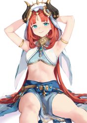 Rule 34 | 1girl, armlet, armpits, arms behind head, arms up, blue eyes, blue skirt, blunt bangs, brooch, commentary, crop top, genshin impact, highres, horns, jewelry, looking at viewer, nashidrop, navel, nilou (genshin impact), red hair, simple background, sitting, skirt, sleeveless, smile, solo, stomach, thighs, veil, white background