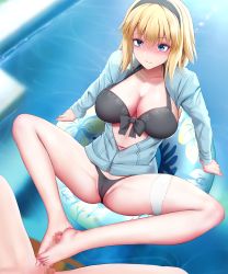 Rule 34 | 1boy, 1girl, barefoot, bikini, black bikini, blonde hair, blue eyes, blush, bow, braid, breasts, cameltoe, censored, cleavage, collarbone, fate/grand order, fate (series), footjob, ginhaha, hair between eyes, hairband, hetero, highres, jacket, jeanne d&#039;arc (fate), jeanne d&#039;arc (swimsuit archer) (fate), large breasts, long hair, mosaic censoring, partially visible vulva, penis, ponytail, pool, ribbon, smile, solo focus, spread legs, swimsuit, thigh strap, two-footed footjob, very long hair, water