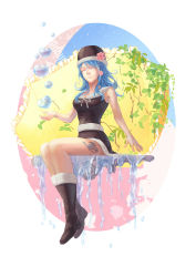 Rule 34 | 1girl, black footwear, blue hair, boots, breasts, bubble, cleavage, closed eyes, fairy tail, flower, flower on head, folie (cac82622), fur boots, gradient background, hair flower, hair ornament, hat, heart bubbles, highres, ivy, juvia lockser, plant, sitting, smile, solo, tattoo