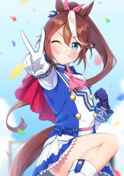 Rule 34 | 1girl, absurdres, animal ears, ascot, asymmetrical gloves, blue eyes, blue gloves, blue jacket, blue skirt, blue sky, blurry, blurry background, brown hair, buttons, cape, clenched teeth, commentary request, confetti, double-breasted, gloves, high ponytail, highres, horse ears, horse girl, jacket, knee up, lens flare, long hair, looking at viewer, miniskirt, mismatched gloves, multicolored clothes, multicolored hair, multicolored jacket, one eye closed, outstretched arm, pink ascot, pleated skirt, red cape, shadow, sidelocks, skirt, sky, smile, solo, streaked hair, teeth, thighs, tokai teio (umamusume), tomozu, two-tone hair, two-tone jacket, two-tone skirt, umamusume, v, white footwear, white gloves, white hair, white jacket, white skirt