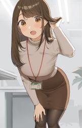 Rule 34 | 1girl, arm up, beige sweater, bent over, blush, brown hair, brown skirt, earrings, hand in own hair, hand on leg, highres, jewelry, light bulb, long hair, looking at viewer, name tag, office, office lady, ol mahonanoka, open mouth, original, pantyhose, pencil skirt, plant, skirt, sweater, swept bangs, turtleneck, turtleneck sweater, yellow eyes