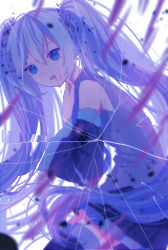 Rule 34 | 1girl, blood, blood from mouth, blood on face, blue eyes, blue hair, crack, cracked glass, detached sleeves, ghost rule (vocaloid), grey shirt, hatsune miku, highres, looking at viewer, parted lips, shirt, skirt, sleeveless, sleeveless shirt, solo, twintails, umeko 208, vocaloid