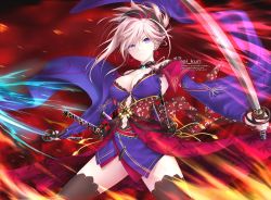 Rule 34 | 1girl, armpits, artist name, bare shoulders, black thighhighs, breasts, center opening, cleavage, closed mouth, cowboy shot, dual wielding, earrings, fate/grand order, fate (series), fighting stance, fire, foreshortening, highres, holding, holding sword, holding weapon, japanese clothes, jewelry, katana, kimono, large breasts, light particles, long sleeves, looking at viewer, magatama, miyamoto musashi (fate), miyamoto musashi (third ascension) (fate), o-ring, obi, pink hair, purple eyes, purple kimono, rei kun, sash, short hair, short kimono, solo, swept bangs, sword, sword behind back, tassel, thighhighs, thighs, unsheathed, v-shaped eyebrows, weapon, weapon on back, wide sleeves