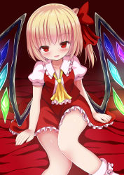 Rule 34 | 1girl, ascot, blonde hair, blush, bobby socks, collarbone, fang, flandre scarlet, givuchoko, hair intakes, hair ribbon, highres, looking at viewer, open mouth, red eyes, red ribbon, ribbon, side ponytail, sitting, socks, solo, touhou, white socks, wings