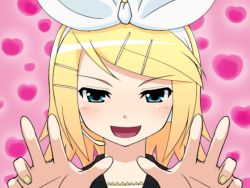 Rule 34 | 1girl, animated, animated gif, bad anatomy, bad hands, blonde hair, blue eyes, close-up, hair ornament, hair ribbon, hairclip, headphones, headset, heart, heart background, kagamine rin, mameshiba (pixiv 59310), naughty face, open mouth, pink background, poorly drawn, ribbon, short hair, smile, solo, vocaloid, you gonna get raped