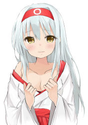 Rule 34 | 10s, 1girl, blush, breasts, brown eyes, cleavage, collarbone, embarrassed, hairband, highres, japanese clothes, kantai collection, long hair, looking at viewer, official style, oto (artist), oto (piiko), profile, red skirt, shoukaku (kancolle), silver hair, simple background, skirt, small breasts, solo, undressing, white background