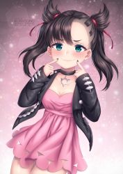 Rule 34 | 1girl, aqua eyes, artist name, asymmetrical bangs, asymmetrical hair, black hair, black jacket, black nails, blush, breasts, choker, cleavage, collarbone, commentary request, creatures (company), dress, fingersmile, game freak, hair ribbon, highres, jacket, kuriidono, long hair, long sleeves, looking at viewer, marnie (pokemon), medium breasts, nail polish, nintendo, open clothes, pink dress, pokemon, pokemon swsh, red ribbon, ribbon, smile, solo, twintails