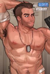 Rule 34 | 1boy, abs, arm behind head, armpit hair, armpits, bara, beard stubble, call of duty, call of duty: modern warfare 2, dog tags, facial hair, highres, inverted nipples, large pectorals, looking at phone, male focus, mature male, muscular, muscular male, mustache stubble, navel, navel hair, nipples, nude, one eye closed, pectorals, phone, presenting armpit, selfie, short hair, sideburns, soap (modern warfare 2), solo, stomach, stubble, sweat, text messaging, undercut, upper body, very sweaty, wow9bro