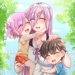 Rule 34 | 1boy, 2girls, ^ ^, alternate costume, breasts, brown hair, child, cleavage, closed eyes, eyes visible through hair, family, fate/grand order, fate (series), good end, hair over one eye, highres, if they mated, large breasts, mash kyrielight, mother and daughter, mother and son, multiple girls, purple hair, smile, yakisobapan tarou &amp; negitoro-ko