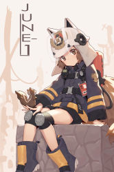 Rule 34 | 1girl, animal, animal ears, arknights, arm support, black shorts, boots, brown eyes, brown hair, chunrijun (springer), closed mouth, commentary request, firefighter jacket, firefighter, grey footwear, head tilt, helmet, highres, jacket, knee pads, long sleeves, looking at viewer, purple jacket, shaw (arknights), short shorts, shorts, sitting, solo, squirrel, squirrel ears, squirrel girl, squirrel tail, tail, visor, white headwear