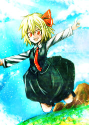 Rule 34 | 1girl, absurdres, black skirt, black vest, blonde hair, blue sky, cloud, collared shirt, commentary request, day, denpa rasaito, flat chest, full body, hair between eyes, hair ribbon, highres, jumping, long sleeves, looking at viewer, medium bangs, mountain, necktie, open mouth, outdoors, outstretched arms, red eyes, red necktie, red ribbon, ribbon, rumia, shirt, short hair, skirt, skirt set, sky, smile, solo, spread arms, teeth, touhou, upper teeth only, vest, white shirt