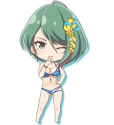 Rule 34 | 1girl, aqua hair, bikini, chibi, dead or alive, dead or alive xtreme venus vacation, full body, lowres, multicolored hair, official art, one eye closed, solo, standing, streaked hair, swimsuit, tagme, tamaki (doa)