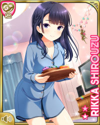 Rule 34 | 1girl, bare legs, barefoot, bed, bedroom, black hair, blue shirt, bottomless, breasts, card (medium), character name, cleavage, closed mouth, girlfriend (kari), braid, indoors, medium hair, official art, pajamas, purple eyes, qp:flapper, shirouzu rikka, shirt, small breasts, smile, solo, standing, tagme, television, uneven bangs, window