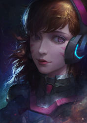 Rule 34 | 1girl, absurdres, alternate eye color, animal print, armor, blue bodysuit, bodysuit, breasts, brown hair, commentary, crying, crying with eyes open, d.va (overwatch), eyelashes, facepaint, facial mark, headphones, high collar, highres, joo yann ang, light smile, long hair, looking away, nose, overwatch, overwatch 1, parted lips, pauldrons, pilot suit, pink lips, portrait, purple eyes, rabbit print, ribbed bodysuit, shoulder armor, shoulder pads, signature, skin tight, solo, tears, turtleneck, upper body, whisker markings