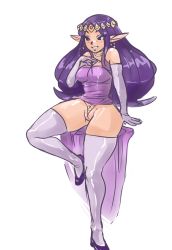 Rule 34 | 1girl, bare shoulders, breasts, choker, cleft of venus, earrings, elbow gloves, g-string, gloves, highres, jewelry, keppok, pussy, leaning back, long hair, nintendo, no pants, panties, partially visible vulva, pointy ears, princess hilda, purple gloves, purple hair, purple thighhighs, solo, the legend of zelda, the legend of zelda: a link between worlds, thick thighs, thighhighs, thighs, thong, tiara, triforce, uncensored, underwear