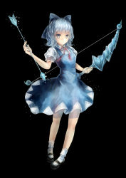 Rule 34 | 1girl, absurdres, arrow (projectile), black background, blue hair, bow, bow (weapon), cirno, feet together, fu shao renno si, highres, ice, ice bow, mary janes, puffy short sleeves, puffy sleeves, red ribbon, ribbon, shoes, short hair, short sleeves, solo, touhou, weapon