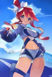 Rule 34 | 1girl, blue eyes, blue gloves, blue shorts, breasts, closed mouth, cloud, commentary, creatures (company), crop top, day, eyelashes, floating hair, game freak, gen 5 pokemon, gloves, gym leader, hair ornament, hand on own hip, highres, holding, holding poke ball, holster, looking at viewer, navel, nintendo, outdoors, poke ball, poke ball (basic), pokemon, pokemon (creature), pokemon bw, pouch, red hair, short hair with long locks, short shorts, shorts, sidelocks, sky, skyla (pokemon), smile, standing, swanna, thigh pouch, thigh strap, yogurtbomb9