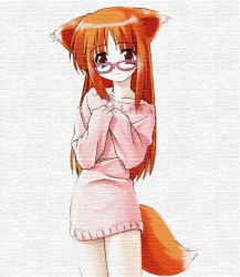 Rule 34 | 1girl, animal ears, bespectacled, bottomless, fox ears, fox tail, glasses, hana, hana (ukagaka), naked sweater, no pants, solo, sweater, tail, ukagaka, umekichi