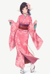 Rule 34 | 1girl, animal ears, black hair, commentary request, floral print, flower, full body, grey background, hair flower, hair ornament, highres, japanese clothes, kimono, kuon (utawarerumono), long hair, looking at viewer, miura-n315, obi, pink kimono, ponytail, print kimono, red sash, sandals, sash, signature, simple background, smile, solo, standing, swept bangs, tail, utawarerumono, utawarerumono: itsuwari no kamen, wide sleeves, yellow eyes
