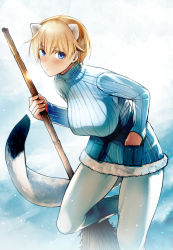 Rule 34 | 1girl, animal ears, belt, blonde hair, blue eyes, blue footwear, blue sweater, blush, boots, brave witches, breasts, broom, closed mouth, hand in pocket, highres, holding, holding broom, large breasts, leaning, leg up, looking at viewer, nikka edvardine katajainen, nishiide kengorou, pantyhose, ribbed sweater, short hair, snow, solo, standing, standing on one leg, sweater, tail, utility belt, weasel ears, weasel tail, white pantyhose, world witches series