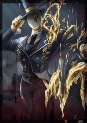 Rule 34 | 1boy, black necktie, brown pants, claws, gold, gold trim, hand on headwear, hat, highres, identity v, jack (golden tentacle) (identity v), jack (identity v), mask, necktie, pants, solo, standing, striped clothes, striped pants, top hat, vertical-striped clothes, vertical-striped pants, yellow eyes, yumeto (grbr susk)