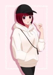 Rule 34 | 1girl, :o, absurdres, arima kana, bag, baseball cap, black hat, black pants, bob cut, commentary request, hand in pocket, hat, highres, hood, hoodie, ibispaint (medium), inverted bob, long sleeves, looking at viewer, nm (blue-rapid), no pupils, open mouth, oshi no ko, pants, pink background, pointing, pointing at self, purple eyes, red eyes, red hair, shadow, shoulder bag, solo, white hoodie