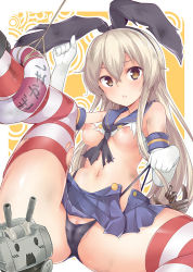 Rule 34 | 10s, 1girl, anchor, anchor hair ornament, black panties, blonde hair, blush, breasts, brown eyes, cameltoe, elbow gloves, gloves, hair ornament, hairband, kantai collection, lifebuoy, long hair, looking at viewer, navel, nipples, panties, personification, rensouhou-chan, rokushou kokuu, shimakaze (kancolle), skirt, small breasts, solo, striped clothes, striped thighhighs, swim ring, thighhighs, torn clothes, underwear, white gloves