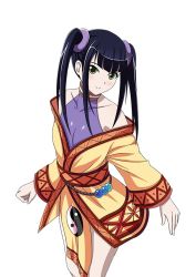 Rule 34 | 00s, 1girl, bare shoulders, black hair, collarbone, female focus, flat chest, green eyes, hair ornament, ikkitousen, long hair, looking at viewer, off shoulder, official art, saji genpou (true), simple background, smile, solo, twintails, white background, yellow eyes, yin yang