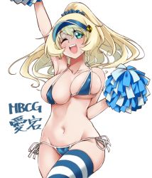 Rule 34 | 1girl, arm up, atago (kancolle), bare arms, bare shoulders, bikini, blonde hair, blue bikini, blue eyes, blue scrunchie, blush, breasts, character name, cheering, cheerleader, collarbone, cowboy shot, groin, hair between eyes, holding, holding pom poms, kantai collection, large breasts, long hair, navel, one eye closed, open mouth, pom pom (cheerleading), pom poms, scrunchie, simple background, solo, striped clothes, striped thighhighs, swimsuit, teeth, thighhighs, udukikosuke, upper teeth only, white background