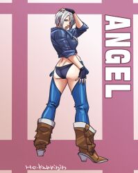 Rule 34 | 1girl, angel (kof), arm above head, artist name, ass, blue eyes, boots, breasts, fingerless gloves, gloves, hand on own hip, hand on own head, highres, jacket, large breasts, legs, lipstick, makeup, midriff, open mouth, pink lips, short hair, sideboob, snk, the king of fighters, thighs