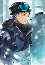 Rule 34 | 1boy, bags under eyes, beanie, blurry, blurry background, blurry foreground, boku no hero academia, breath, coat, cold, depth of field, from side, goggles, hand in pocket, hat, highres, looking ahead, male focus, messy hair, purple eyes, purple hair, shinsou hitoshi, short hair, ski goggles, snowboard, snowing, solo, spiked hair, tonbanlove, turtleneck, twitter username, upper body, winter clothes, winter coat, winter gloves