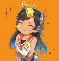 Rule 34 | 1girl, black hair, blue one-piece swimsuit, butter, chaki (teasets), character name, flat chest, food, headgear, i-400 (kancolle), kantai collection, long hair, one-piece swimsuit, orange background, orange sailor collar, sailor collar, school swimsuit, see-through, shirt, sleeveless, sleeveless shirt, solo, sparkle background, swimsuit, tan, tanline, upper body