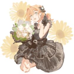 Rule 34 | 1girl, :d, aqua eyes, black bow, black dress, black gloves, bouquet, bow, crossed bangs, dress, earrings, floral background, flower, frilled gloves, frills, full body, gloves, hair bow, hair ornament, highres, hinoshita kaho, hinoshita kaho (17th birthday), holding, holding bouquet, jewelry, legs up, link! like! love live!, looking at viewer, love live!, medium dress, open mouth, orange hair, pale color, ponytail, rabbit hair ornament, sleeveless, sleeveless dress, smile, solo, sunflower, virtual youtuber, white background, zouzh rn