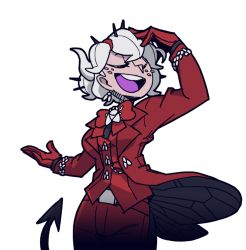 Rule 34 | 1girl, beelzebub (helltaker), belt, bug, business suit, closed eyes, cowboy shot, demon horns, fly, formal, gloves, hairstyle request, helltaker, horns, insect, jewelry, long hair, looking away, official art, open mouth, shirt, short hair, smile, spoilers, suit, teeth, transparent background, vanripper, waistcoat, white hair