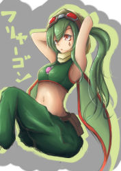 Rule 34 | 00s, 1girl, belt, between breasts, breasts, character name, creatures (company), crop top, flygon, game freak, gem, gen 3 pokemon, goggles, goggles on head, green hair, hood, jewelry, midriff, navel, necklace, nintendo, open mouth, pants, pendant, personification, pokemon, pokemon rse, ponytail, red eyes, solo, taketiyi, tattoo, wings