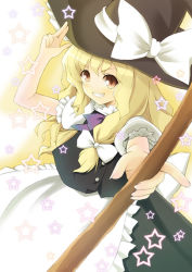 Rule 34 | 1girl, apron, black hat, black skirt, black vest, blonde hair, blush, bow, braid, eyebrows, female focus, fingernails, frilled apron, frilled sleeves, frills, grin, hair bow, hat, hat bow, hat ribbon, holding, kirisame marisa, long fingernails, long hair, looking at viewer, outstretched arm, red eyes, ribbon, salute, shirt, short sleeves, skirt, smile, solo, star (symbol), touhou, tsukina (artist), upper body, vest, waist apron, white apron, white bow, white ribbon, white shirt, witch hat