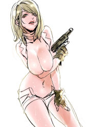 Rule 34 | 1girl, ashley graham, bad id, bad pixiv id, blonde hair, breasts, fingerless gloves, gloves, gun, highres, katou teppei, large breasts, lips, nipples, resident evil, resident evil 4, shorts, solo, sweat, topless, unbuttoned, weapon