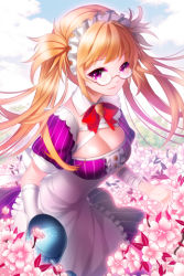 Rule 34 | 1girl, aile (crossroads), apron, bandages, blonde hair, bow, breasts, cleavage, detached collar, flower, frills, gardener maid, glasses, gloves, holding, large breasts, lowres, maid, maid apron, maid headdress, outstretched hand, pink eyes, ribbon, smile, solo, striped, sword girls, twintails, watering can